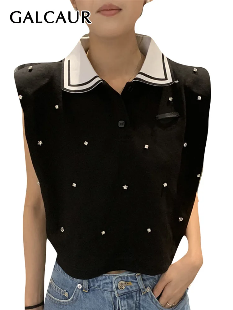 

GALCAUR Pattchwork Diamonds Pullover T Shirts For Women Lapel Sleeveless Spliced Buttons Casual Loose Shirt Female Fashion New