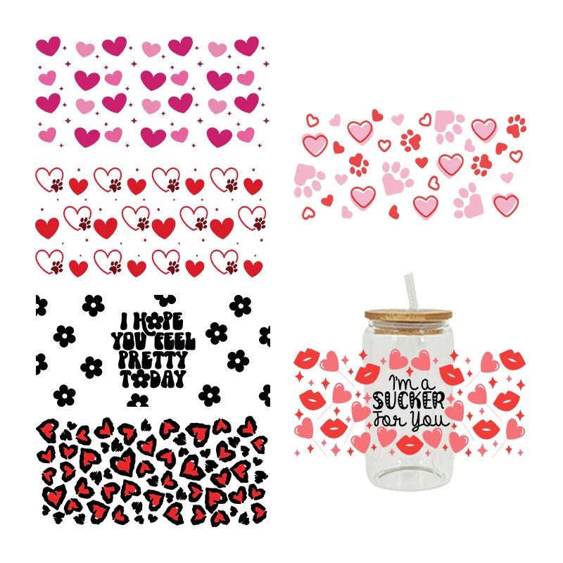 UV DTF Transfer Sticker Valentine Heart 16oz Libbey Glasses Wraps Bottles Cup Can DIY Waterproof Decals D2677 dtf transfer sticker