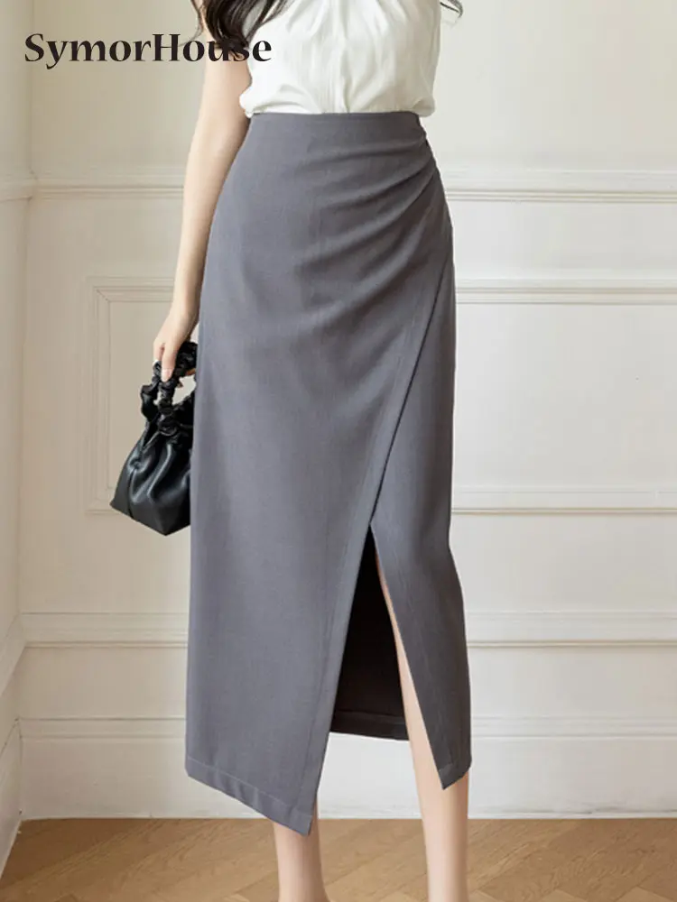 

Spring Summer Autumn High Waist Slim Folds Skirts Womne Simple Split Package Hip A-line Skirt Office Lady Black Pink Midi Skirts