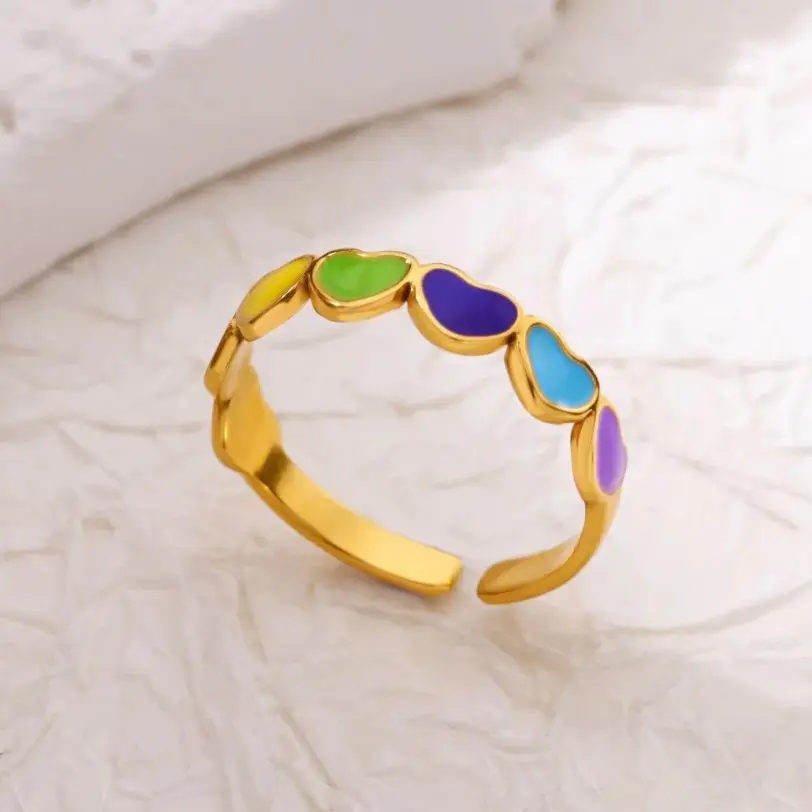 Rainbow Heart Rings Gold Stainless Steel Adjustable Wedding Jewelry