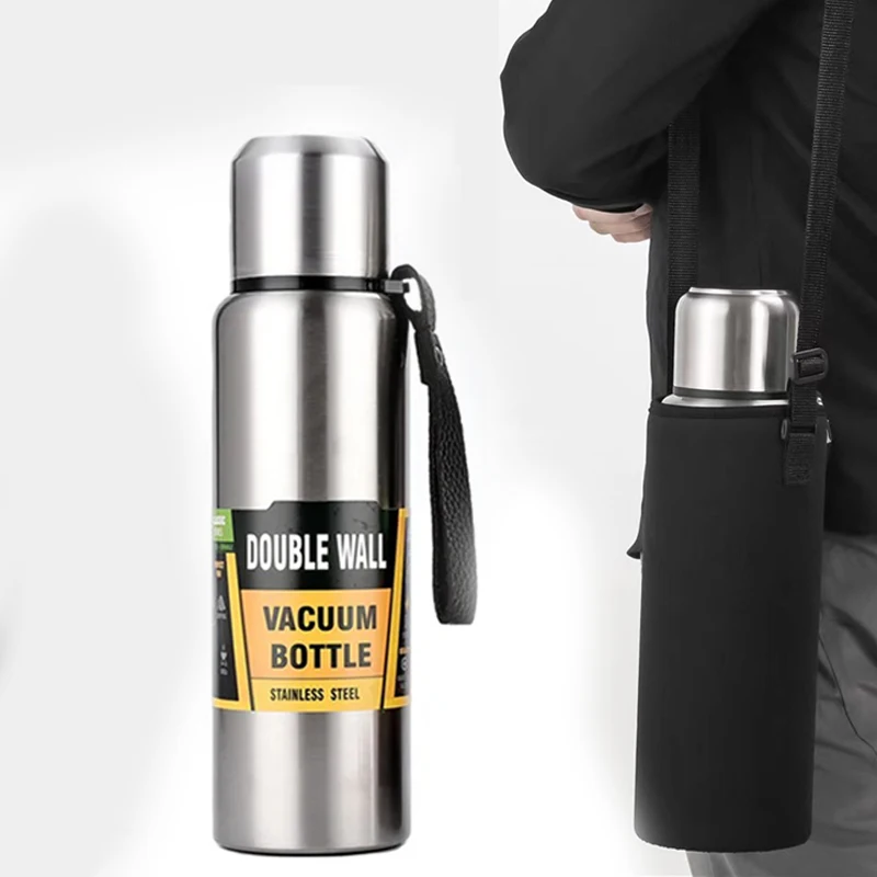 500/1000/1500ml Stainless Steel Thermos Large Capacity Vacuum Flask Portable Insulated Tumbler with Rope Insulated water bottles Practical Beach Essentials