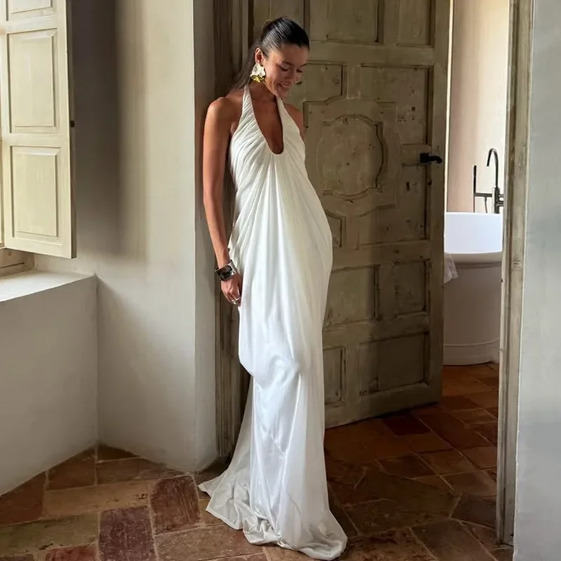 New Summer 2026 Women's Neck Fashion Halter V-neck Mesh Long Dress Fashionable and Elegant White Sexy Pleated Evening Dress