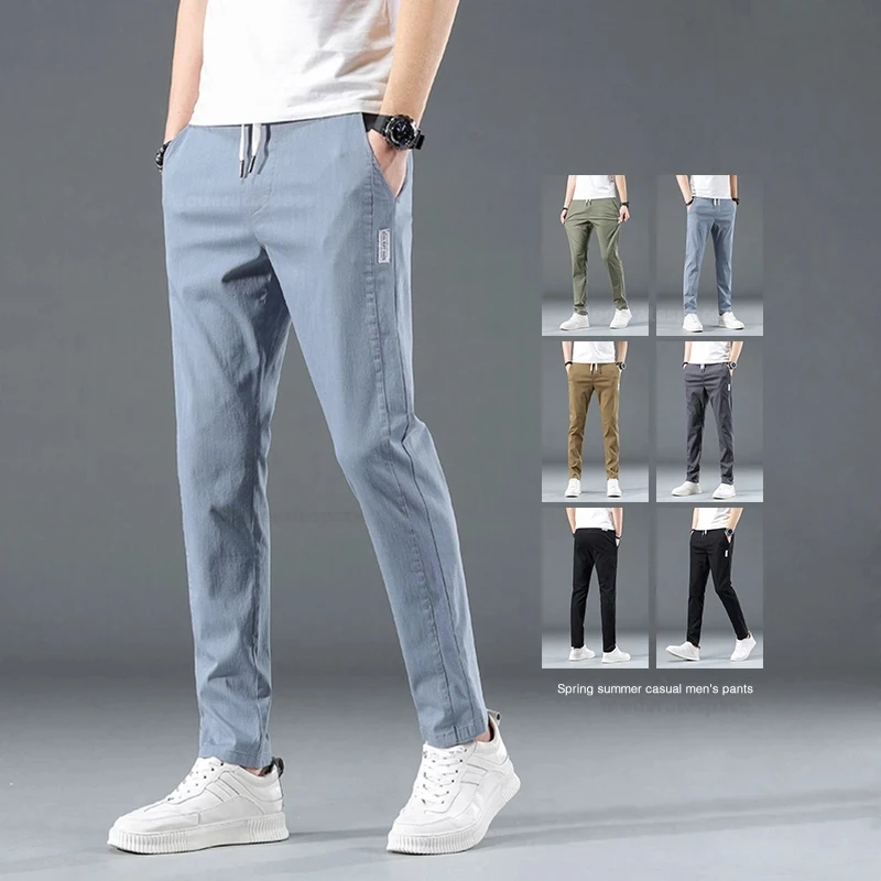 2024 Summer Thin Cotton Men's Casual Slim Pants Soft Comfortable Elastic Wrinkle Resistant Drawstring Classic Casual Pants Male 1