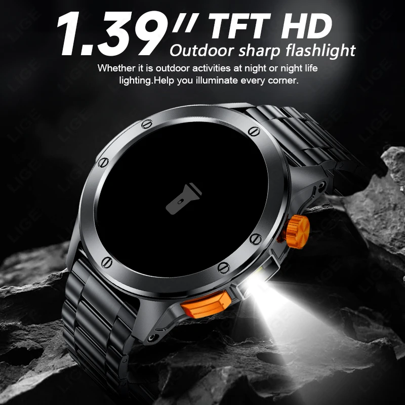 LIGE Men SmartWatch With LED Flashlight 100+ Sports Mode Voice Assistant Waterproof Watches Bluetooth calling Smart Watches 2025