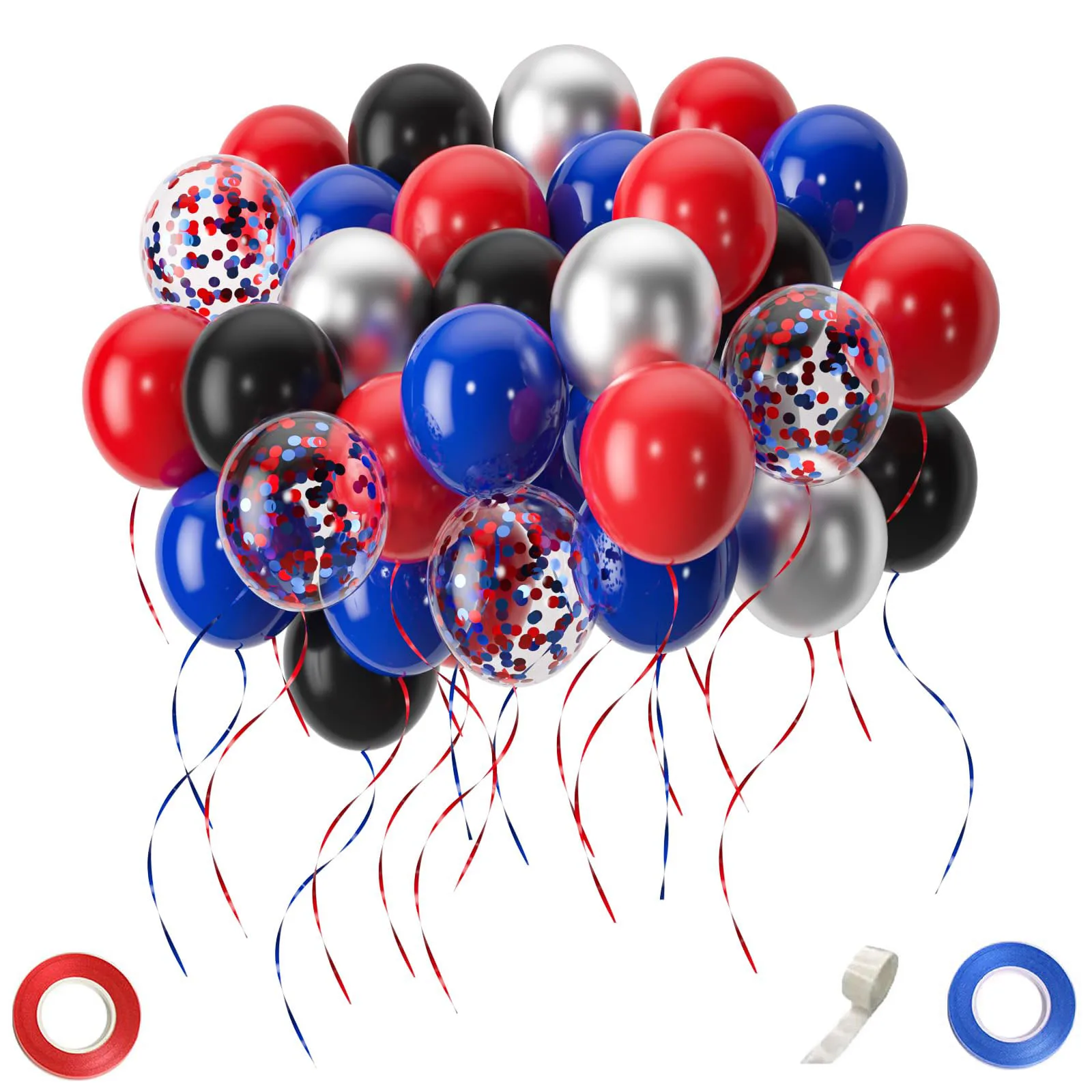 70 Stück 16 Zoll schwarze, rote, blaue Konfetti-Silber-Latexballons für Hochzeiten, Geburtstage, Abschlussfeiern und Partydekorationen