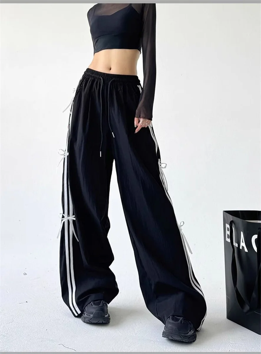 Retro Side Stripe Bowknot Wide Leg Pants Women High Waist Casual Sports Trousers Harajuku Cargo Pants Streetwear Hip Hop Joggers