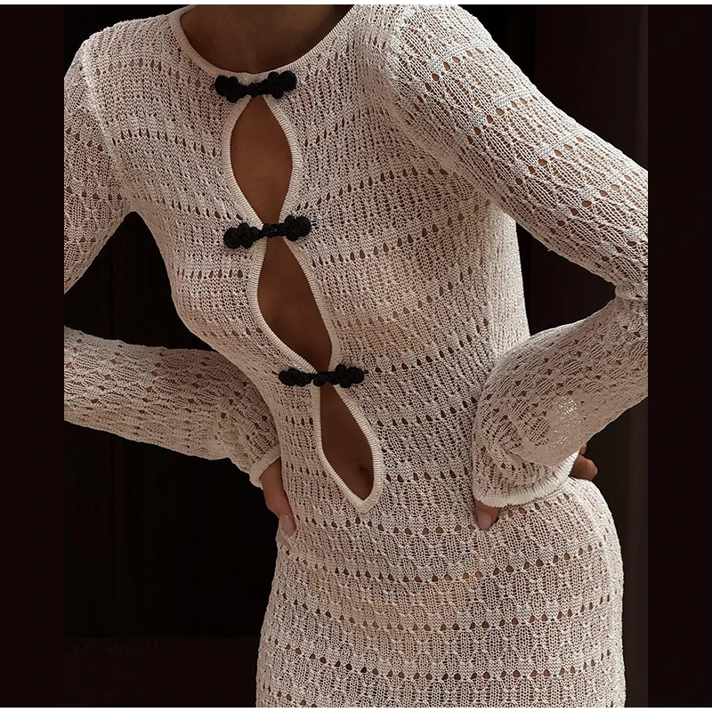 Elegant Hollow Out Knitted Long Dress Women Sexy Backless Solid Long Sleeve Slim Maxi Dresses Female Chic Party Beach Holiday