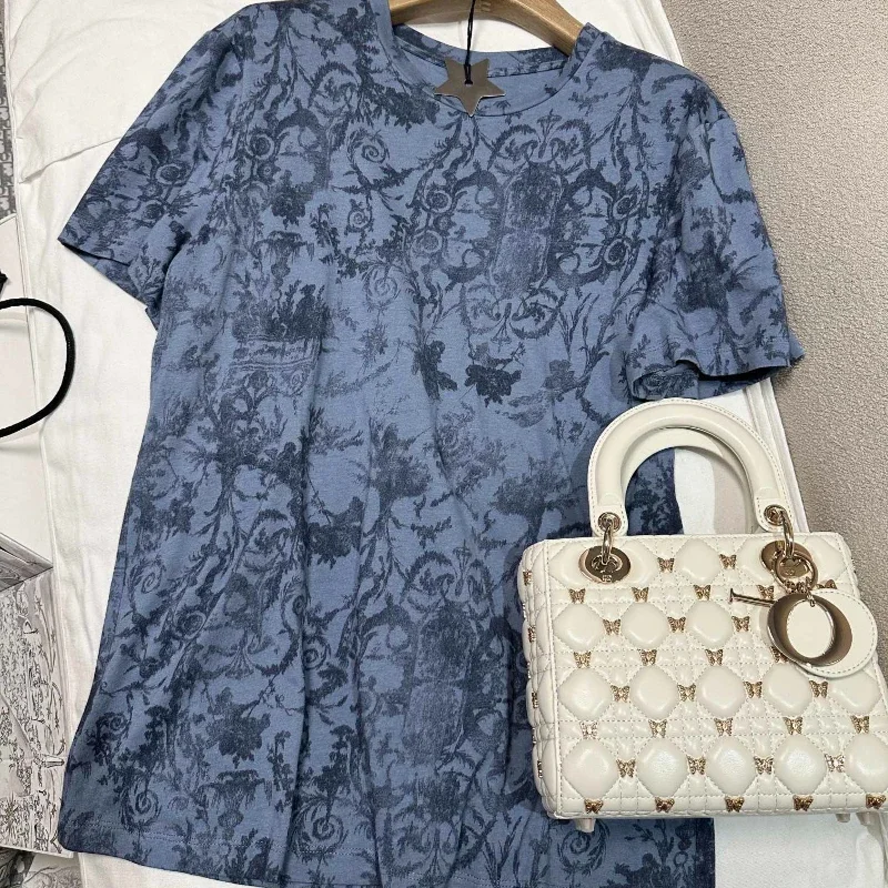 

Grey Blue Pink Floral Print Short Sleeve O-Neck T-Shirt Tops 2024 New Arrivials Spring Summer Clothing