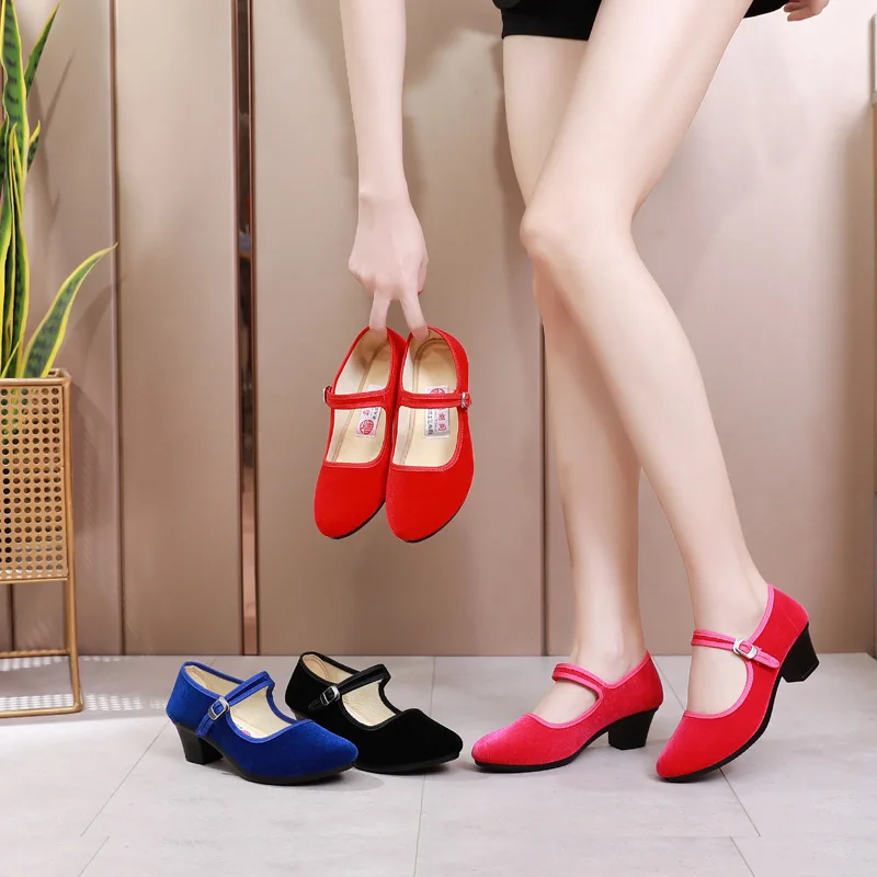 34-40 Women High Heels Shoes Spring Autumn Pumps Platform Old Beijing Cloth Shoe Casual Zapatos Buckle Strap Solid Work Footwear 2