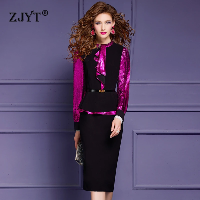 

ZJYT Spring New Long Sleeve One Piece Pencil Dress for Women Work Plus Size Color Block Elegant Dress Black Ruffles 2024 Fashion