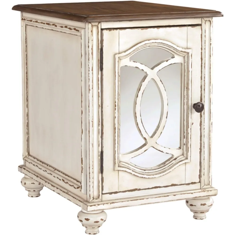

Realyn Farmhouse Chair Side End Table with Cabinet For Storage, Antique White & Brown