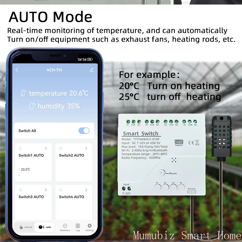 Mumubiz 7-32V WiFi 4 채널 TH 스위치(DIN 레일, Tuya 스마트 라이프 앱, 온도 또는 습도 센서 포함, Alexa와 함께 작동)