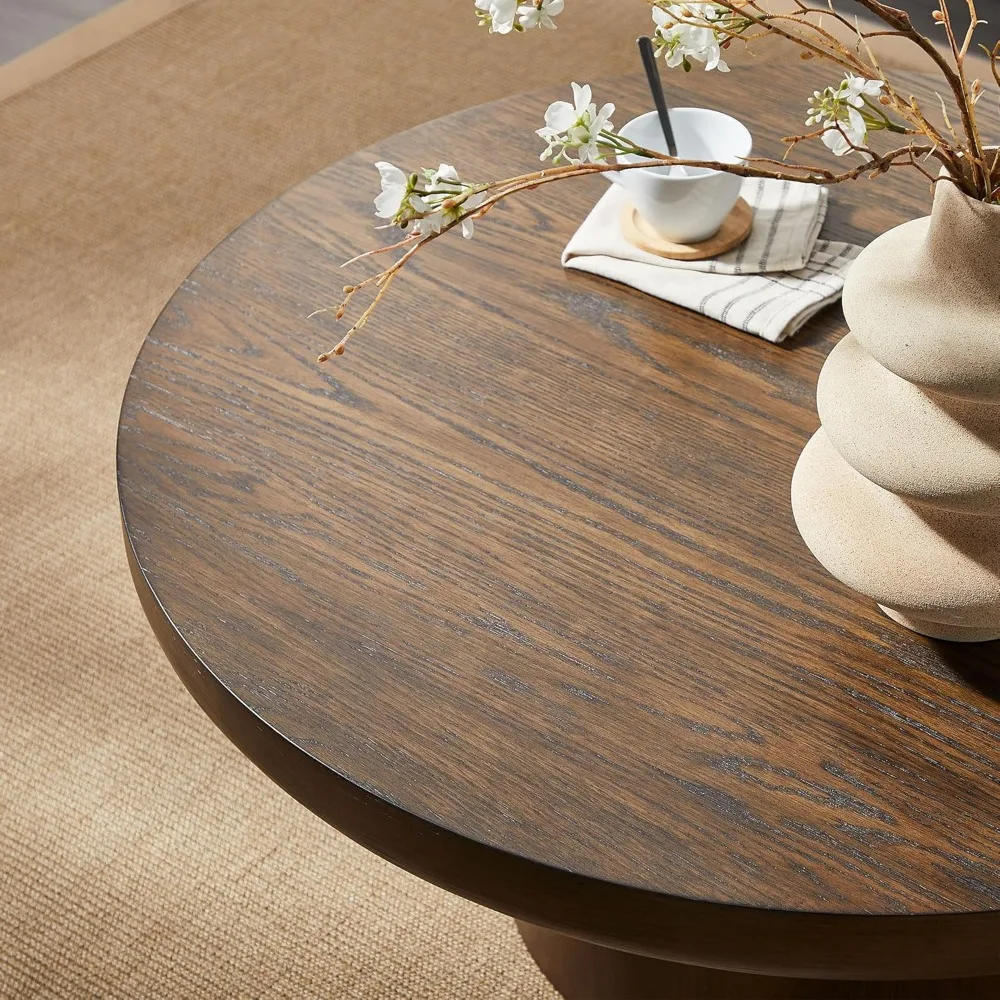 Round Wood Coffee Table for Living Room Modern Circle Coffee Table Pedestal Center Table for Apartment, Easy Assembly Brown 4