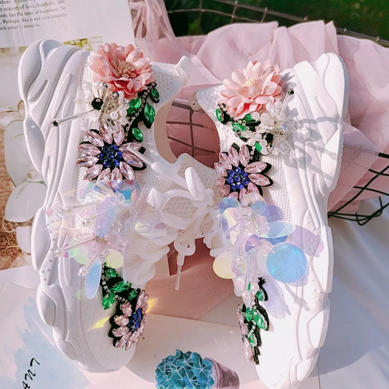 Shoes Zapatos Fiori Rosa Womens Round Toe Sneakers Rhinestones DIY