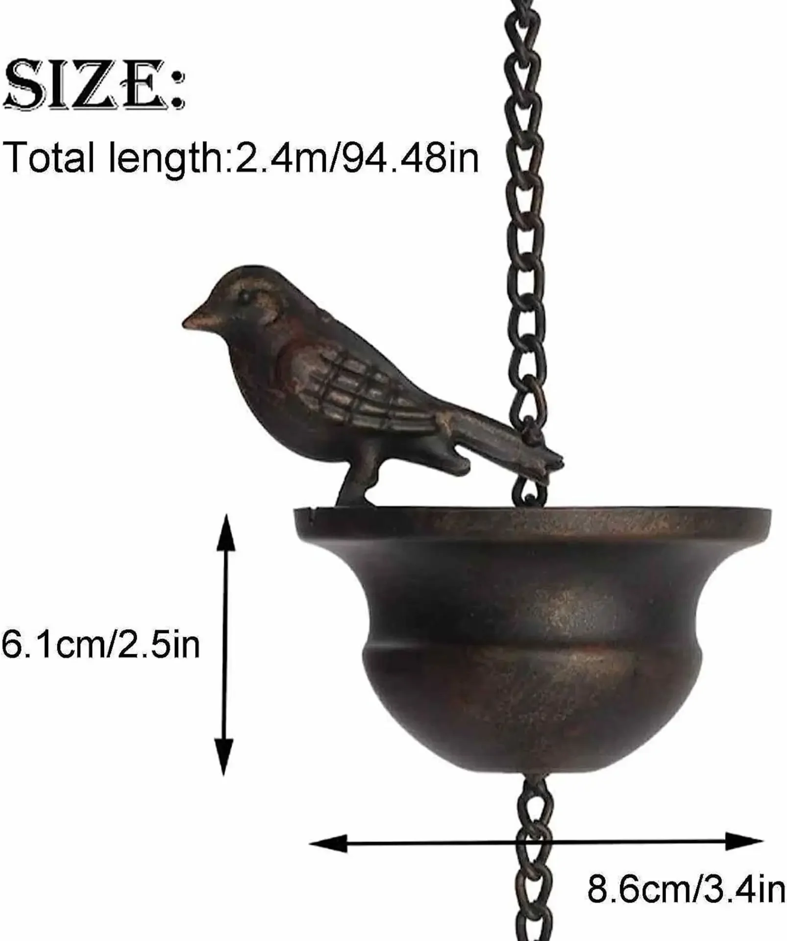 2.4 Meter Rain Chain Black-Bird Rain Chain Water Drain Gutter for Garden Park Home Roof Downspout Decoration with Hanger