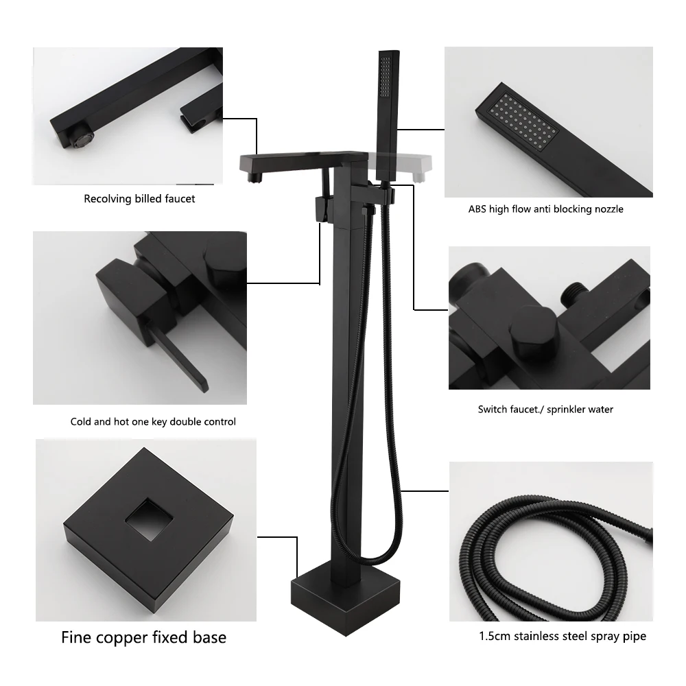 KEMAIDI Freestanding Bathtub Shower Faucet Floor Tub Filler Brass Mixer Tap 360 Degree Swivel Spout Shower Systerm Matte Black 4