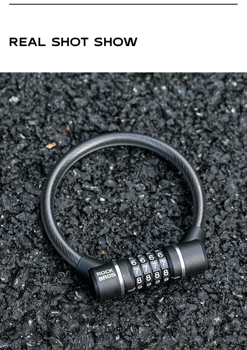 ROCKBROS Tragbares Fahrradschloss, ultraleichtes Stahlkabel-Fahrradschloss, 4-stelliges Passwort, PVC, wasserdichtes Stahl-Passwortschloss, MTB, Straße – Detail 10