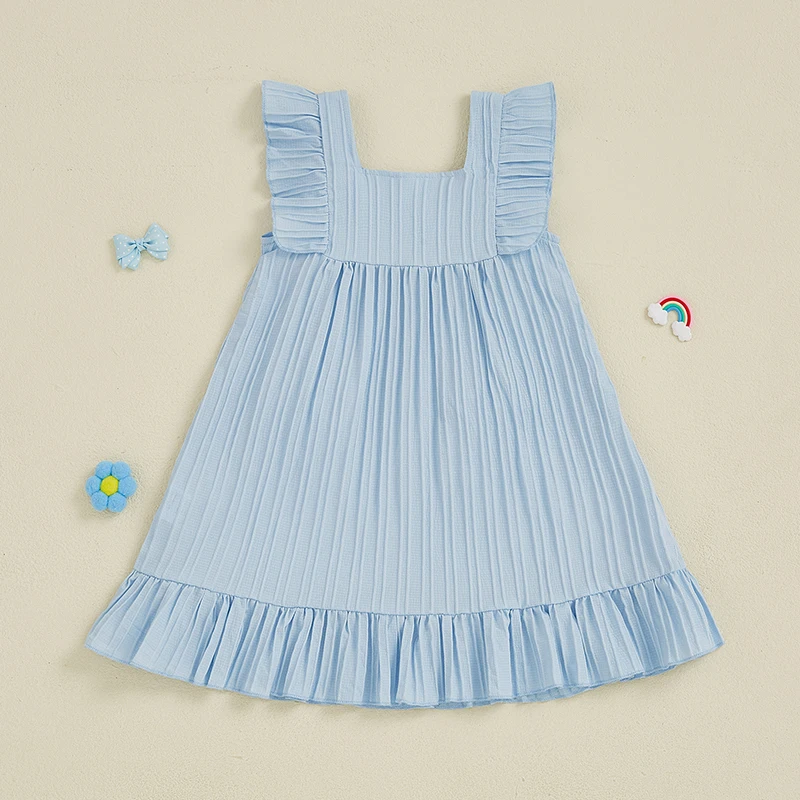FOCUSNORM 0-5Y Princess Little Kids Girls Dress Flower Embroidery Fly Sleeve Ruffles Hem Casual Summer A-Line Dress