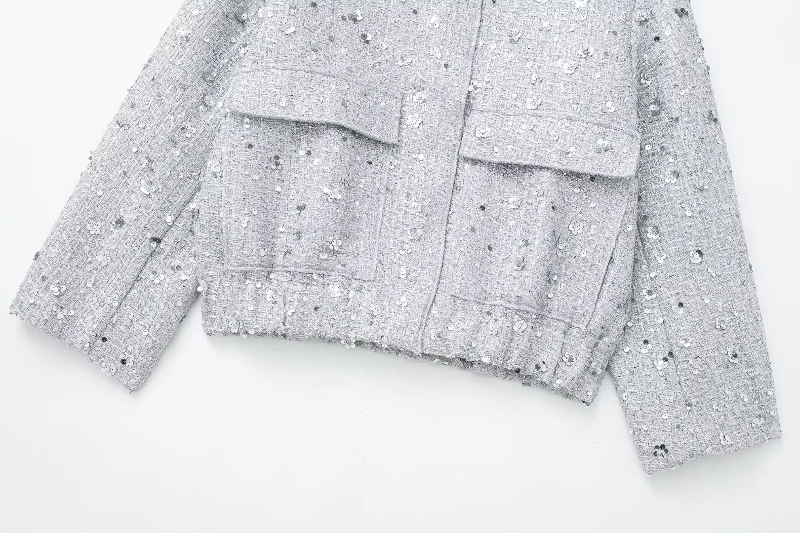 Sc98f5e2477a44e1f9a367cd7b0009ef2m Women's Sequined Bomber Jacket Fall New Round Neck Long Sleeve Pocket Stretch Hem Sequins Jacket Coat Female Chic Outerwear Mallzona