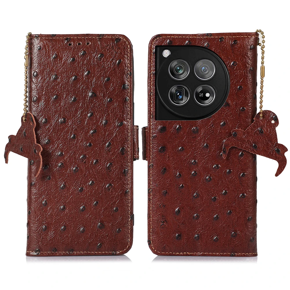 Luxury Ostrich Pattern Genuine Leather Case for OnePlus 12 Shockproof RFID Blocking Magnetic Closure Flip Cover Slim Wallet Case