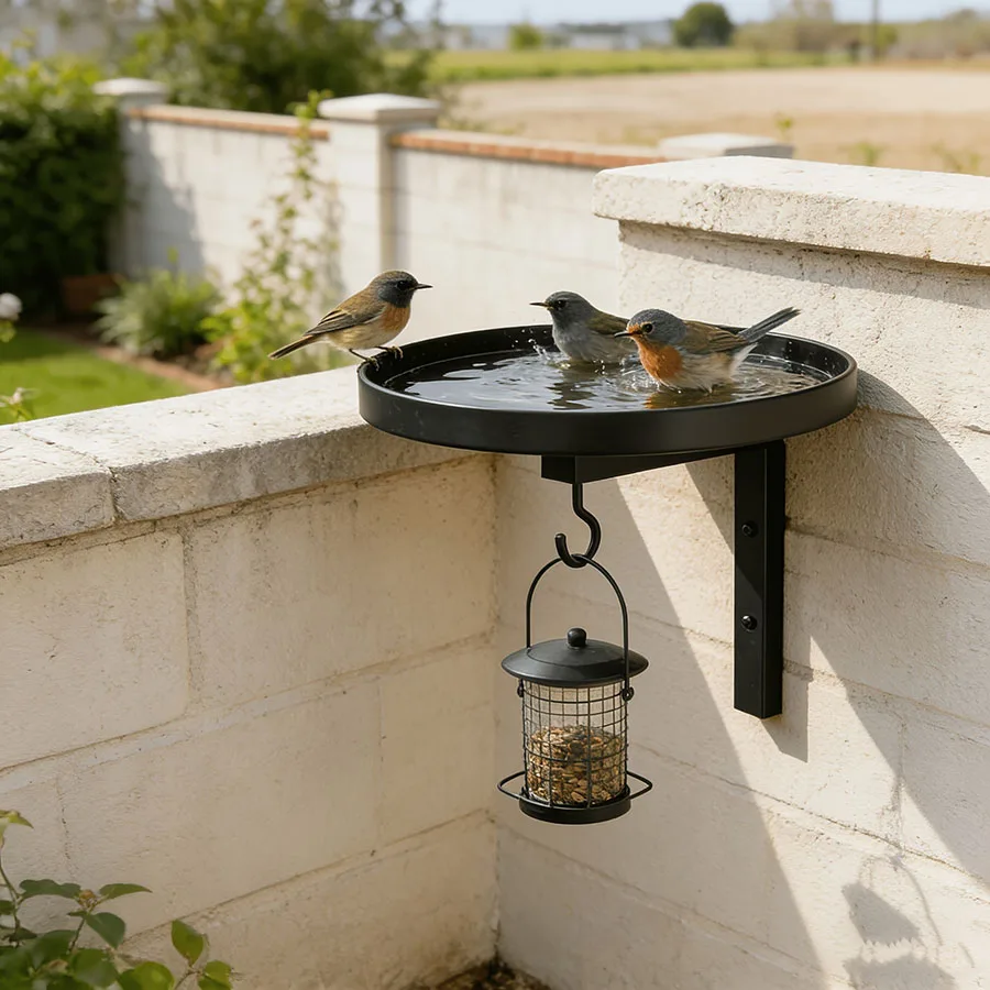 Vasca per Uccelli in Metallo da Parete con Gancio per Mangiatoia, Ciotola Resistente per Esterni, Facile da Installare per Giardino, Patio e Recinzione, Ideale per Uccelli