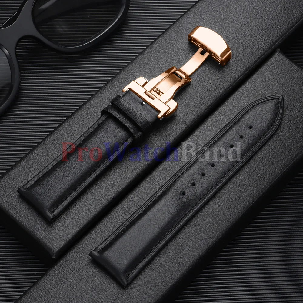 Elegant Leather Watch Band with Gold Butterfly Buckle - Soft Black & Brown Wristbelt