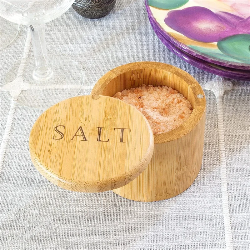 Bamboo Salt Cellar Storage Box Magnetic Swivel Lid Salt Jar Condiments Storage seasoning jar