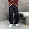 Durable Black Raw Jeans Men Plain Loosen Wide Leg Baggy Denim Bottoms Male's Classic Work Pants 1