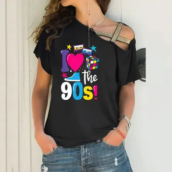 Retro 90 Cartoon S T Shirt Women 80 Nostalgic 1980 Years Vintage Short Female Tshirt Irregular Skew Cross Bandage Tops 1