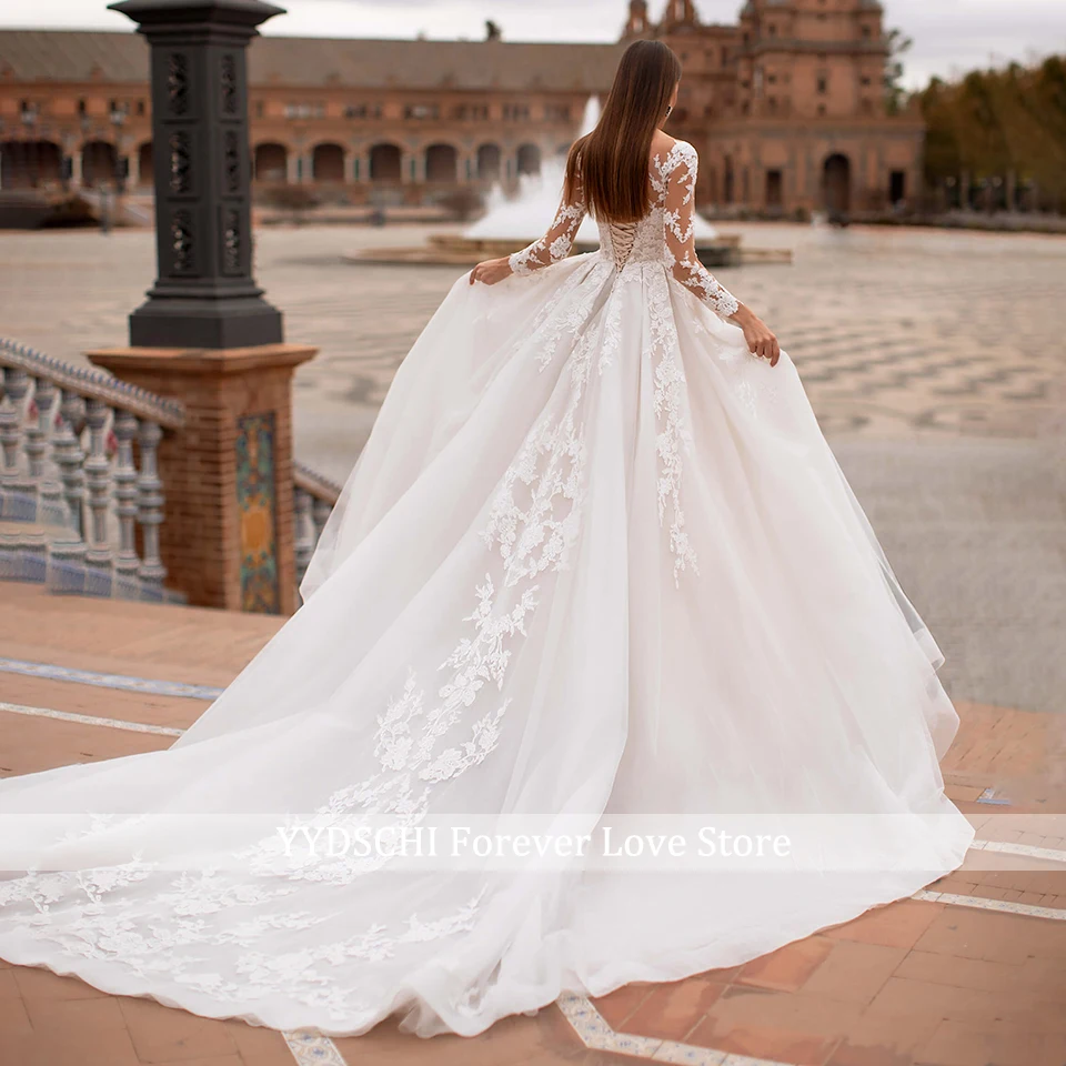 Elegantes, transparentes A-Linien-Hochzeitskleid mit langen Ärmeln und Herzausschnitt 2026, Prinzessinnen-Spitzenapplikationen, Hofschleppe, Brautkleid, Vestido De Noiva – Detail 4