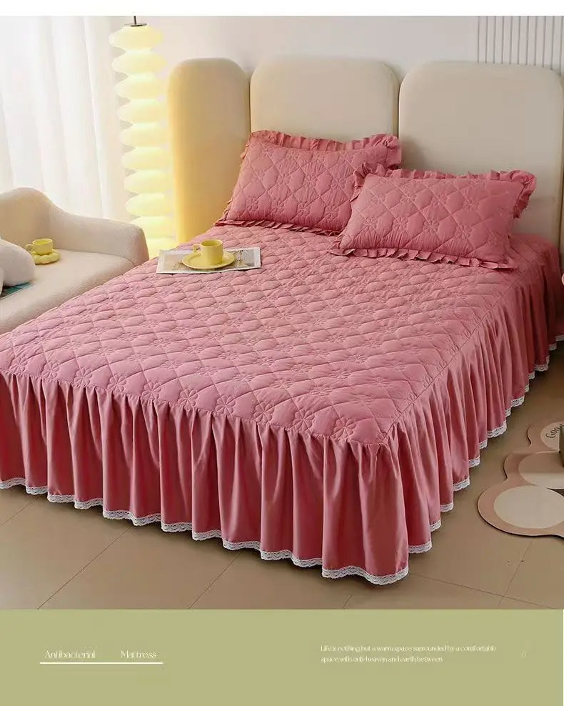 Description Picture 5 of itemLace Border Bed Skirt Mattress Protector Thickened Anti-slip Queen Double Single Bedspread Full Size Solid Color(No Pillowcase)