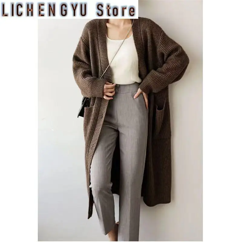 New Long Knit Cardigan Women Fashion Elegant Overcoat Autumn Winter Oversized Coats Pocket Korean Style Long Sweater Women