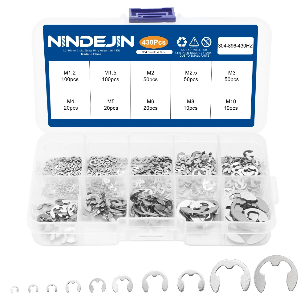 NINDEJIN 430pcs e-clip Assortment Kit M1.2-M10 Stainless Steel Carbon Steel Snap Ring Washer E-shaped External Retaining Ring