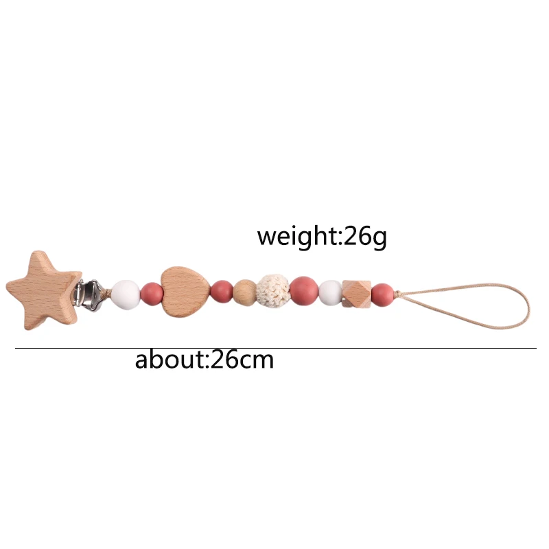 Baby Wooden Pentagram Pacifier Holder Clip Wood Crochet Bead Silicone Soother Teething Nursing Chew Toy Newborn Dummy Chain