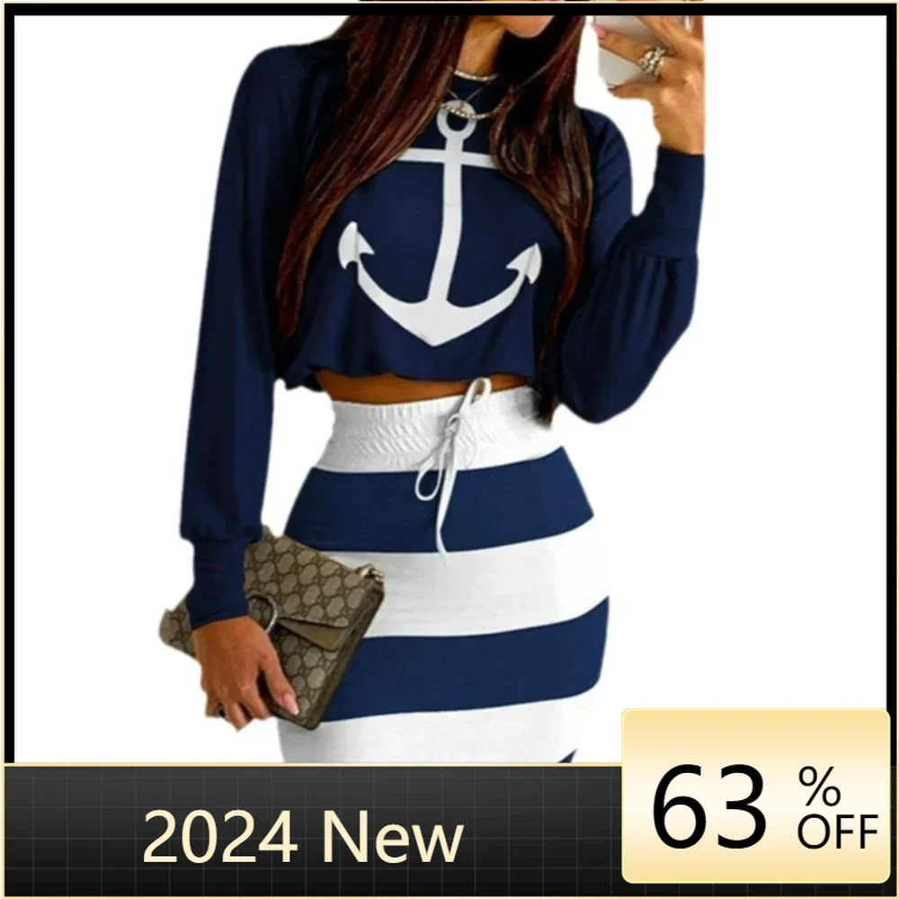 New Navy Style Casual Anchor Letter Print Long Sleeve T-shirt Skirt Set