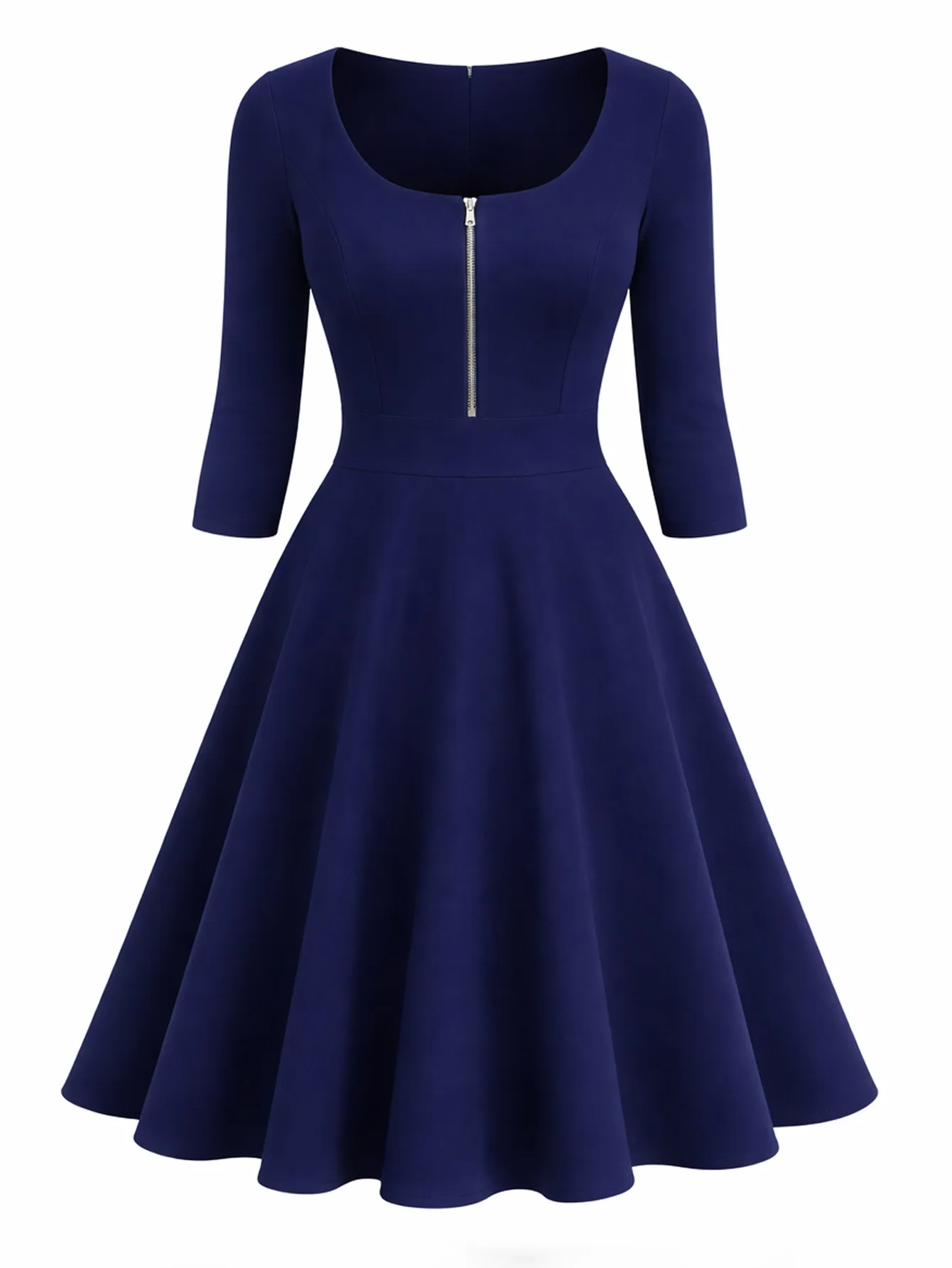 Elegantes Damenkleid mit Quadratischem Ausschnitt und 3/4-Ärmeln für Herbst, Arbeit und Party, Einfarbig mit Reißverschluss Vorne, Business-Casual Swing A-Linien-Kleid – Detail 6