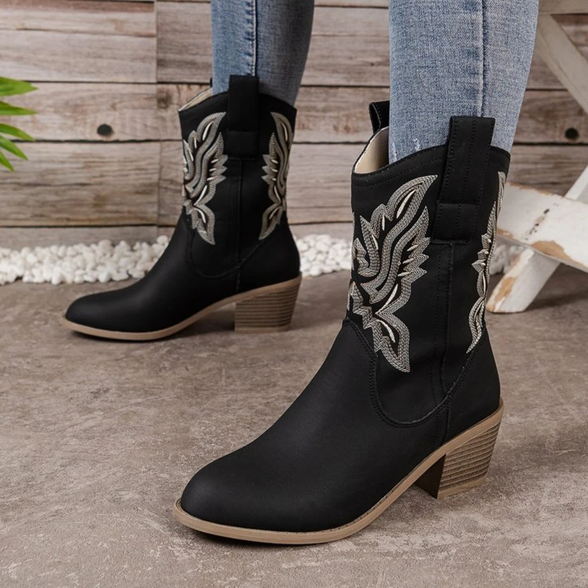 Spring Fall Western Cowboy Boots Fashion Women's Boots 2024 Women's Mid Calf Low Heel Vintage Women's Boots English Style Casual