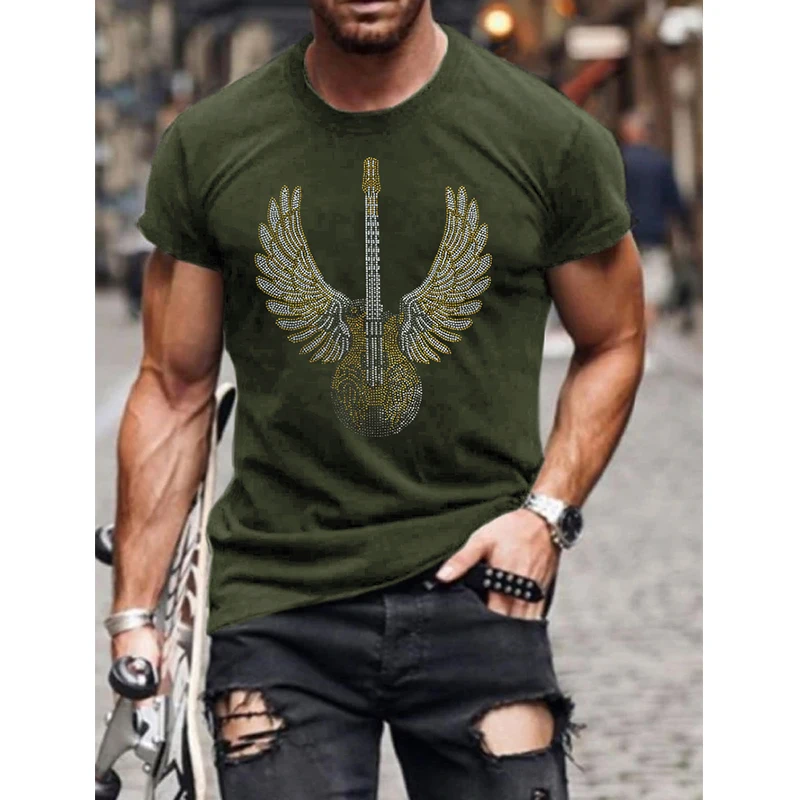 

Fashion Mens Clothing High Quality Oversized Tee y2k Guitar Rhinestone Designer Short Sleeve Tops Comfort Casual Street T-Shirts