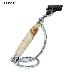 iRAZOR New Men Shaver Stand Holder Pure Stone Handle Manual Mach 3 Razor Kit for Gentlemen Professional Grooming Tool