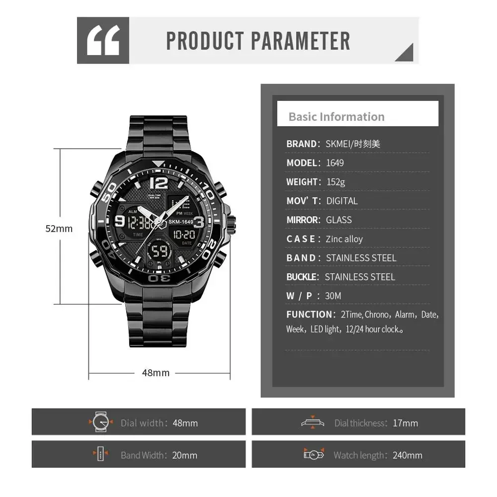 SKMEI 1649 Rotatable Ring Quartz Digital Men Wristwatches Chrono Alarm Male Clock reloj hombre Dual Movement Sport Mens Watches 6