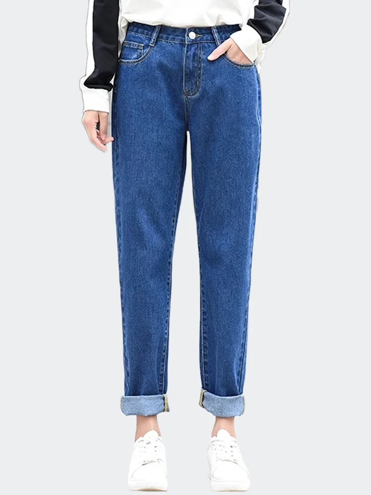 

Simplicity Mid Waist Blue Denim Jeans Women Casual Streetwear Female Straight Trousers Vintage Harem Jeans Pant Women