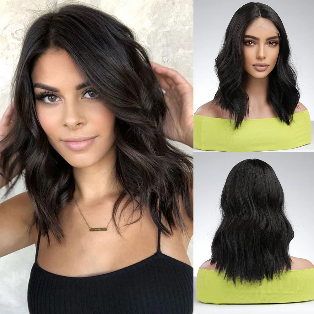 

CharmSource Lace Front Wig Black Body Wave Medium Long Synthetic Wig for Women Hair Party Daily High Quality