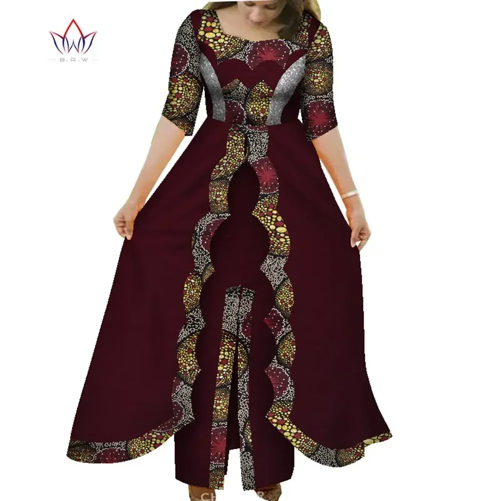BintaRealWax African Dresses Women Dashiki O-neck 2 Layers Long Skirt Clothing Pachwork Short Sleeve Party Dress WY7961