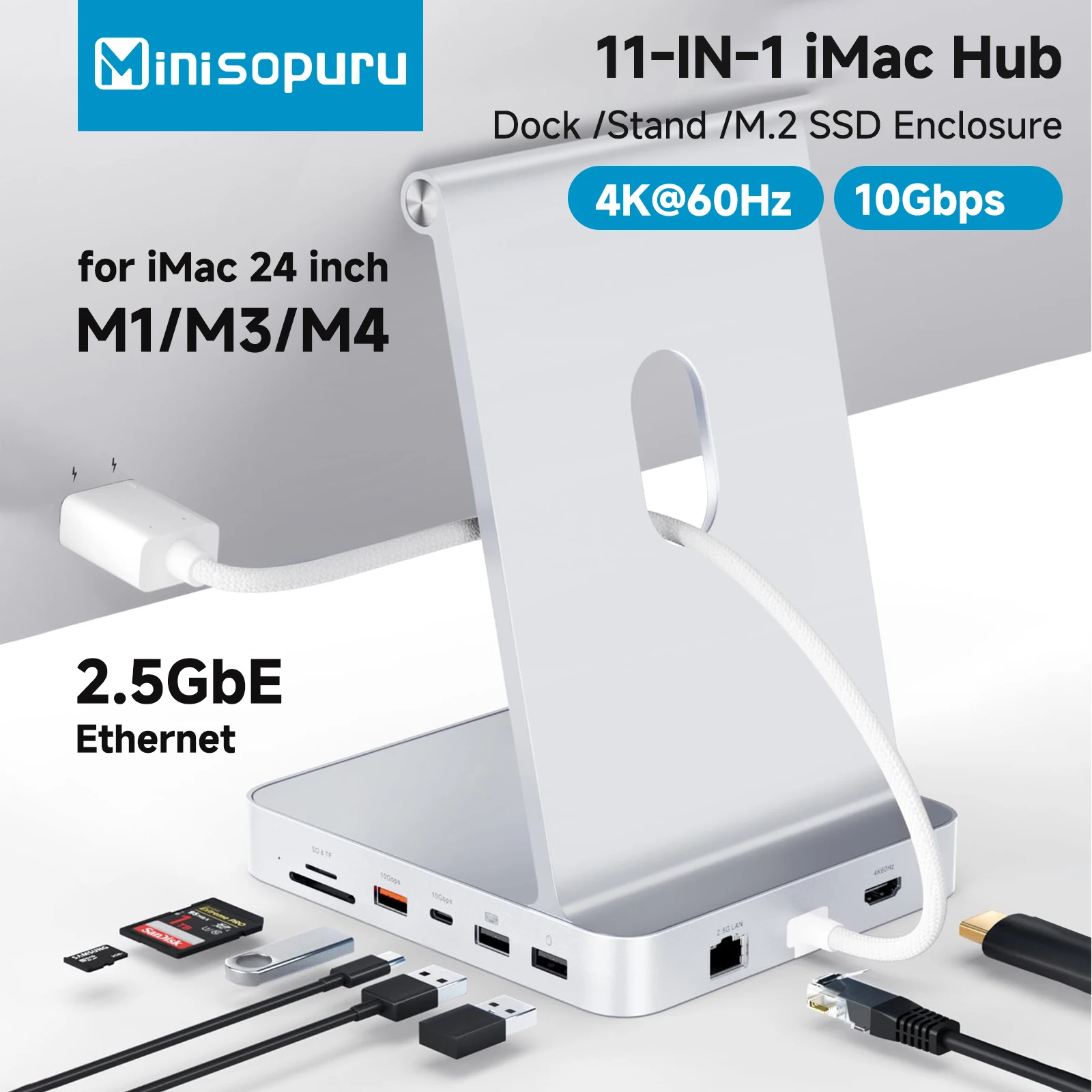 新品 Minisopuru USB-C Dock iMac24用 シルバー Amazon | USB C ハブ iMac 24 インチ 2021/2023 用、ミニソプル 6 IN 1