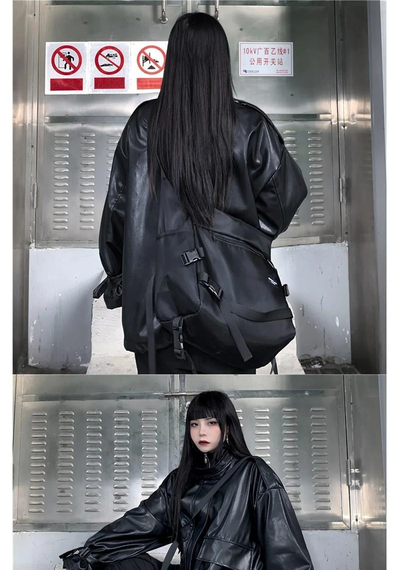 Deeptown Goth Leather Jacket Women Gothic Oversized Zipper