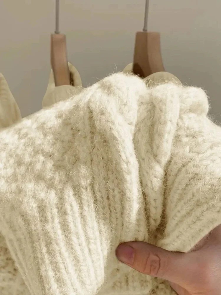 Japanese Retro Korean Off White Fried Dough Twists Sweater Women Thickened Outer Loose Lazy Style Thin Wool Knitting Top Female 6