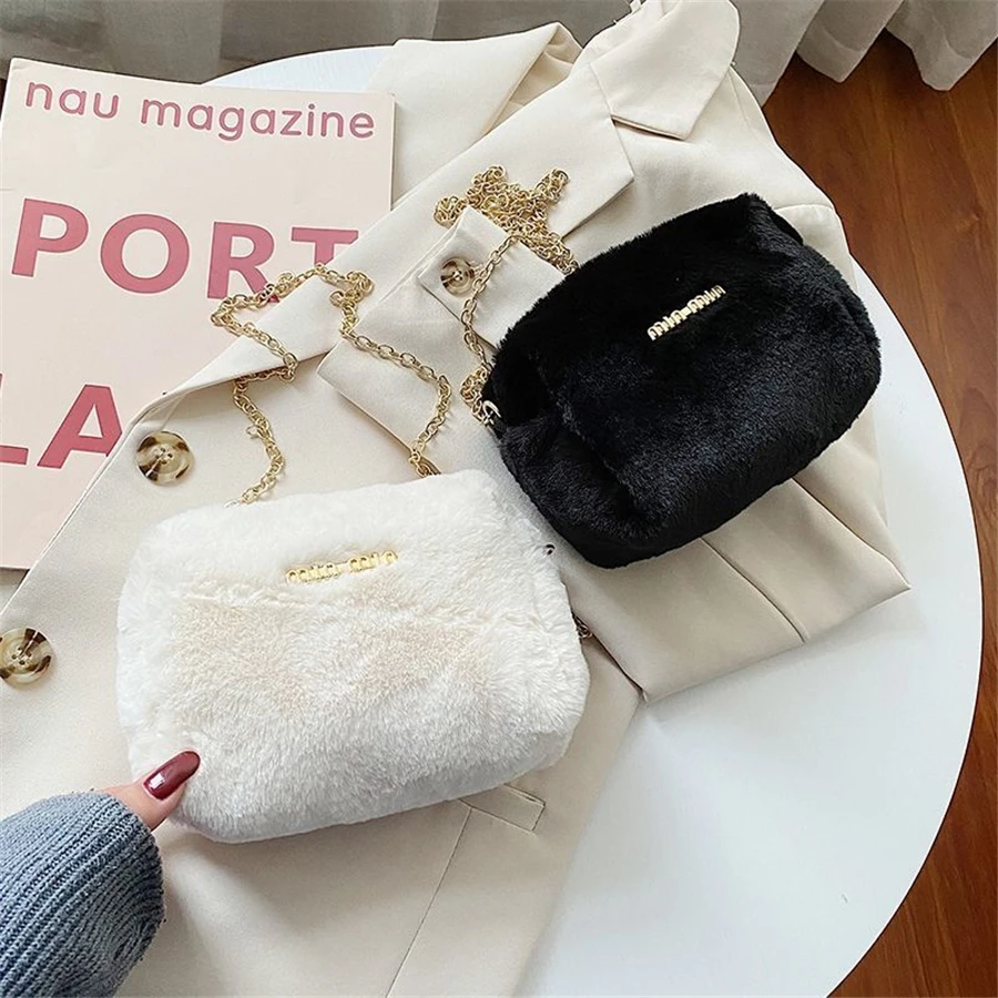 

Женская плюшевая сумка через плечо, зимняя, осенняя, мягкая, теплая, удобная мини-сумка, модная, Ins, черная, белая
