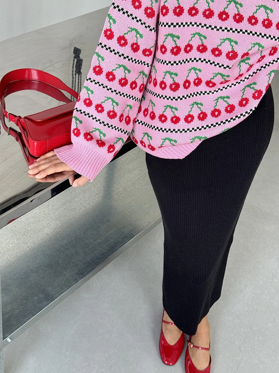 Printed Knit Sweater Pullover For Women Loose Patchwork Contrast Long Sleeve Vintage Fashion Top Knitwear Women's Pullover