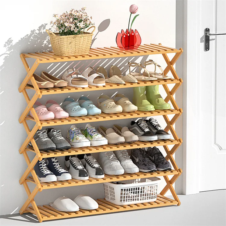 2 3 4 5 6 Tier Bamboo Shoe Rack Foldable Shoe Shelves Plant Display Stand Storage Organizer