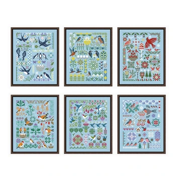 Kit de points de croix à géométrie d'oiseau, motif de dessin animé, 18ct 14ct 11ct, toile bleu ciel, broderie, bricolage 1